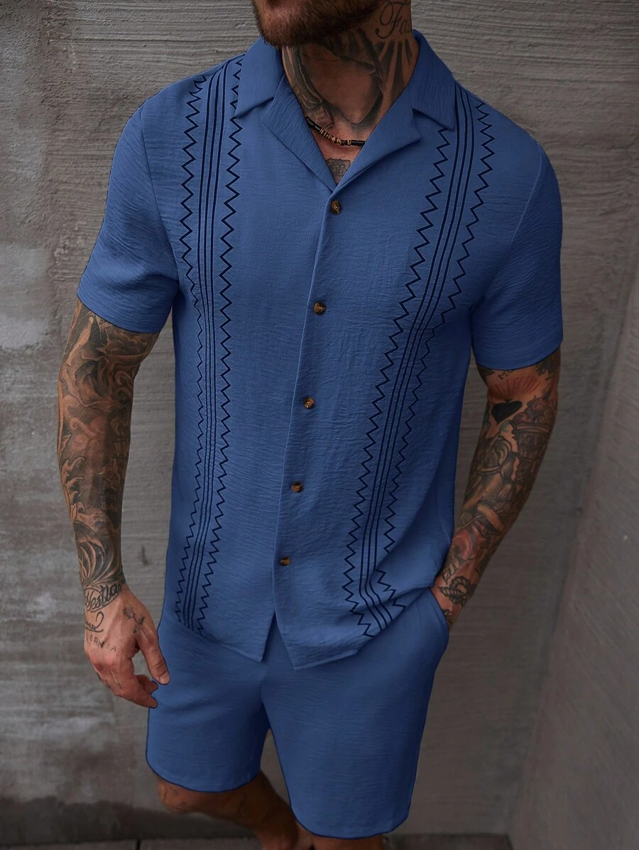 Manfinity Homme Men's Summer Printed Short Sleeve Shirt + Drawstring Shorts Set Men 2 Pieces Outfits Blue Blue Two Pieces Set Men Men Co Ord Set Men Knitted Set Men Crochet Set
