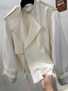 INAWLY Áo khoác gió ngắn thắt lưng ve áo trơn màu thời trang đường phố dành cho nữ, mùa thu - Màu be - Xem 3