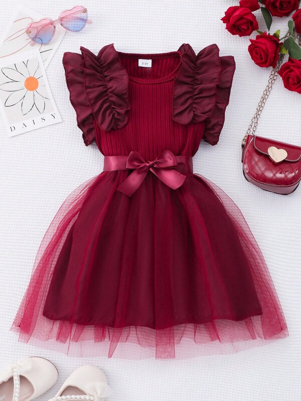 Glamorique Kids 女宝宝荷叶边盖袖罗纹网眼圆领夏季公主休闲连衣裙（配腰带）