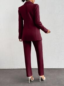 EURMUSE Women's Solid Color Lapel Epaulet Long Sleeve Double-Breasted Fashion Suit Set - Burgundy - View 2