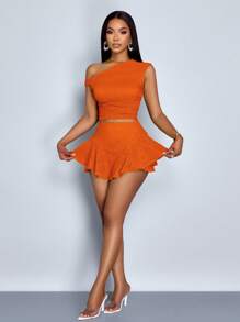 SOLERSUN Maweii 女士套装，采用不对称露肩上衣和不对称下摆半身裙设计，非常适合休闲场合、郊游、派对、新年庆祝活动、春夏活动、毕业典礼和圣帕特里克节，绿色可选。这款两件套服装采用绿色纹理面料的短下摆半身裙设计，优雅性感，是派对、聚会、俱乐部、音乐节、下午茶和春夏女装时尚的理想之选。 - 橘色 - 查看 3