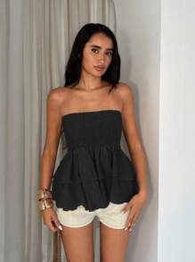 Glamine 女式纹理褶皱面料弹力抹胸上衣，配有荷叶边下摆 - 黑色 - 查看 5