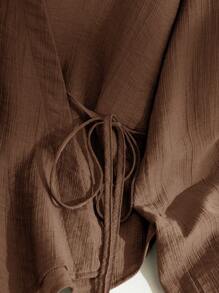 Modelyn 女士纯色长袖系带休闲宽松衬衫 - 棕色 - 查看 3