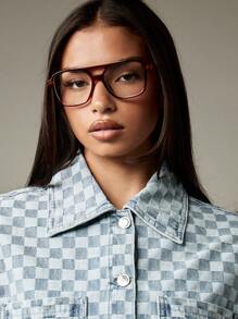 MISSGUIDED Oversized Checkerboard Denim Jacket Short Sleeve Button Up Collar Shirt Retro Y2K Street Style Festival Summer Spring Casual Outerwear - Baby Blue - View 3