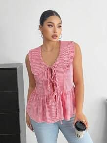 Flirla Plus Size Plaid Peter Pan Collar Open Front Belted Splice Ruched Sleeveless Shirt - Multicolor - View 4