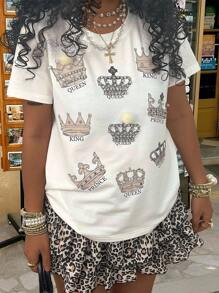 Rovax Camiseta de manga corta con cuello redondo blanco con estampado de corona, para verano