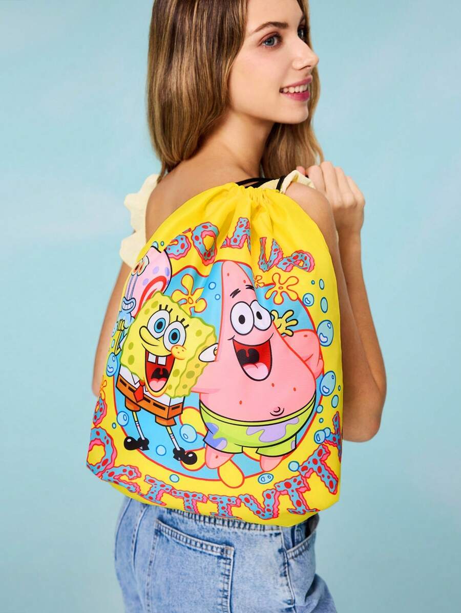SpongeBob SquarePants | SHEIN 1pc Cartoon Print Drawstring Backpack, Gym Bag, Rucksack, Casual Bag, Travel Bag, Sports Beach Bag, Unisex - Yellow - View 1