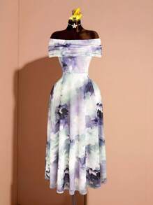 SHEIN Clasi Elegantes und romantisches Batik-Muster in Große Größen, Off-Shoulder langes Kleid - Mauve - Übersicht 9