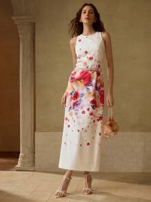 MOTF PREMIUM FLORAL PRINT SPLIT BACK COCKTAIL DRESS WITHOUT BELT