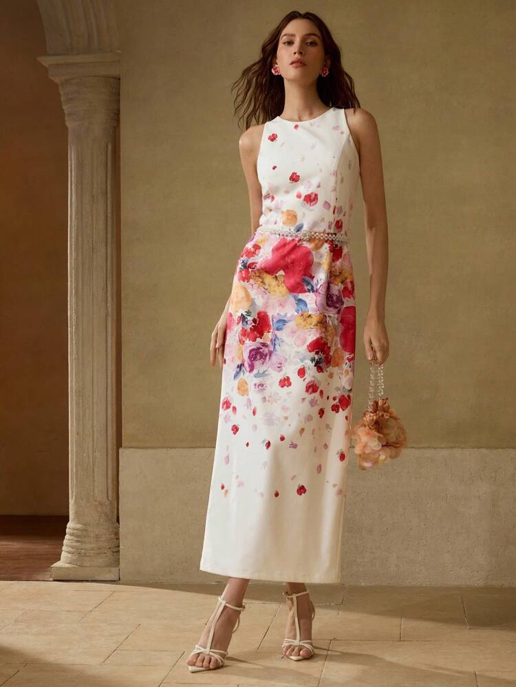 FLORAL PRINT SPLIT BACK COCKTAIL DRESS WITHOUT BELT