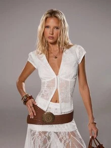 TRNVIE 1pc Women's White Fashion Vacation Embroidered Waist Cinched Deep V-Neck Short Sleeve Bohemian Style Summer Blouse,Fall Clothes For Women ,Boho Party - White - View 7