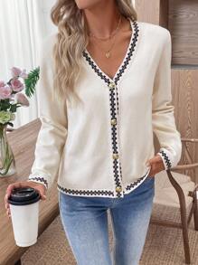 SHEIN LUNE New Soft & Cozy V-Neck Cropped Cardigan Sweater For Women, Personalized Color Blocking, Suitable For Spring & Autumn - Apricot - View 3