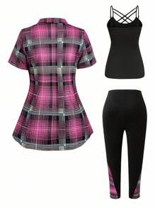 SHEIN EMERY ROSE CURVE 3 件套加大码格子夹克、束腰上衣和裤子套装 - 彩色 - 查看 2