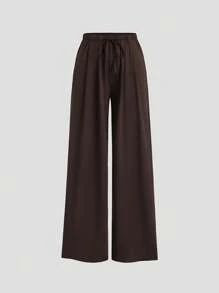 Sweetra Women's Coffee Color Asymmetrical Neck Long Sleeve Top & Minimalist Drawstring Waist Casual Pants, Summer Fall Cloth For Women - Coffee Brown - View 4