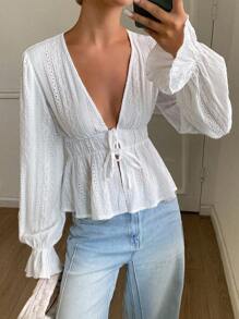 DAZY Women's Solid Color Drawstring Tie Waist Long Flare Sleeve V-Neck Casual Elegant Autumn/Winter Top Long Sleeve Top - White - View 7