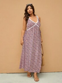 Elaquor 大码休闲度假花卉蕾丝拼布侧系带连衣裙 - 粉色 - 查看 6