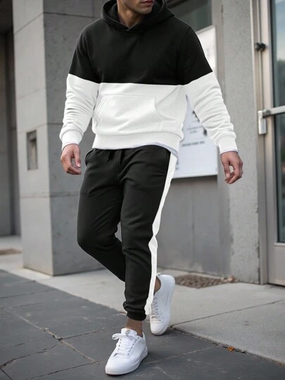 Manfinity Homme 2 件男士休闲撞色连帽衫和裤子套装男士黑白套装男士运动服套装休闲两件套男士慢跑套装两件套男士秋季服装