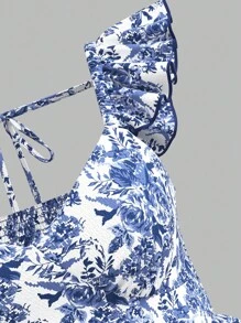 SHEIN MOD 大码复古花卉分层 V 领长裙，蓝白相间，女式夏/秋连衣裙，田园复古，生日连衣裙，初秋连衣裙 - 彩色 - 查看 3