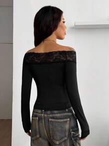 Coolane Áo trễ vai tay dài màu đen, họa tiết chéo, phối ren, phù hợp mọi mùa, lễ hội âm nhạc Goth Witchy dành cho nữ - màu đen - Xem 6