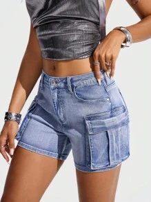 Jeanoix 女士休闲工装口袋牛仔短裤 - 淺色水洗藍 - 查看 1