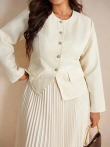 Elaquor Plus Size Women's Elegant Minimalist Versatile Urban Chic Office Commute Suit Set In Fall/Winter - Beige - View 5