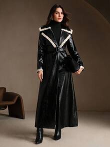 Anewsta 优雅的 PU 夹克，带有蕾丝拼布和水钻装饰，长款，适合秋季、秋季、冬季、外出、优雅、正式、派对、别致、新年、圣诞节、工作、毕业 - 黑色 - 查看 6