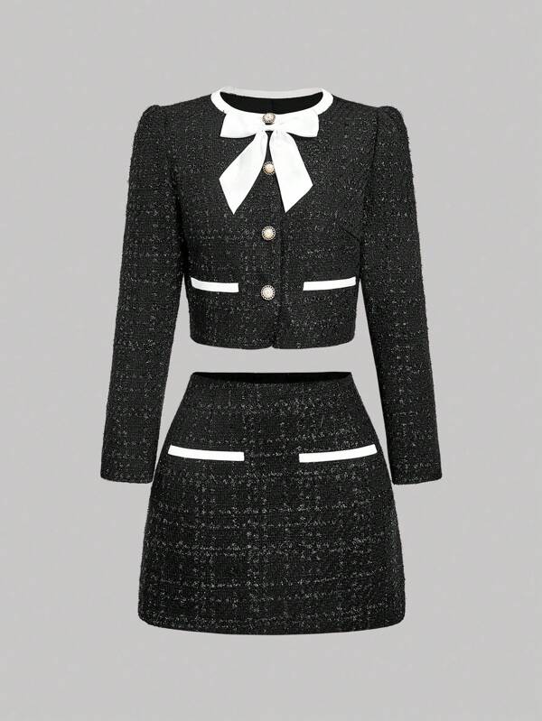 SHEIN MOD Black Elegant Set: Contrast Bow Decor Regular-Shoulder Long Sleeve Jacket & Midi Skirt In Fall/Winter