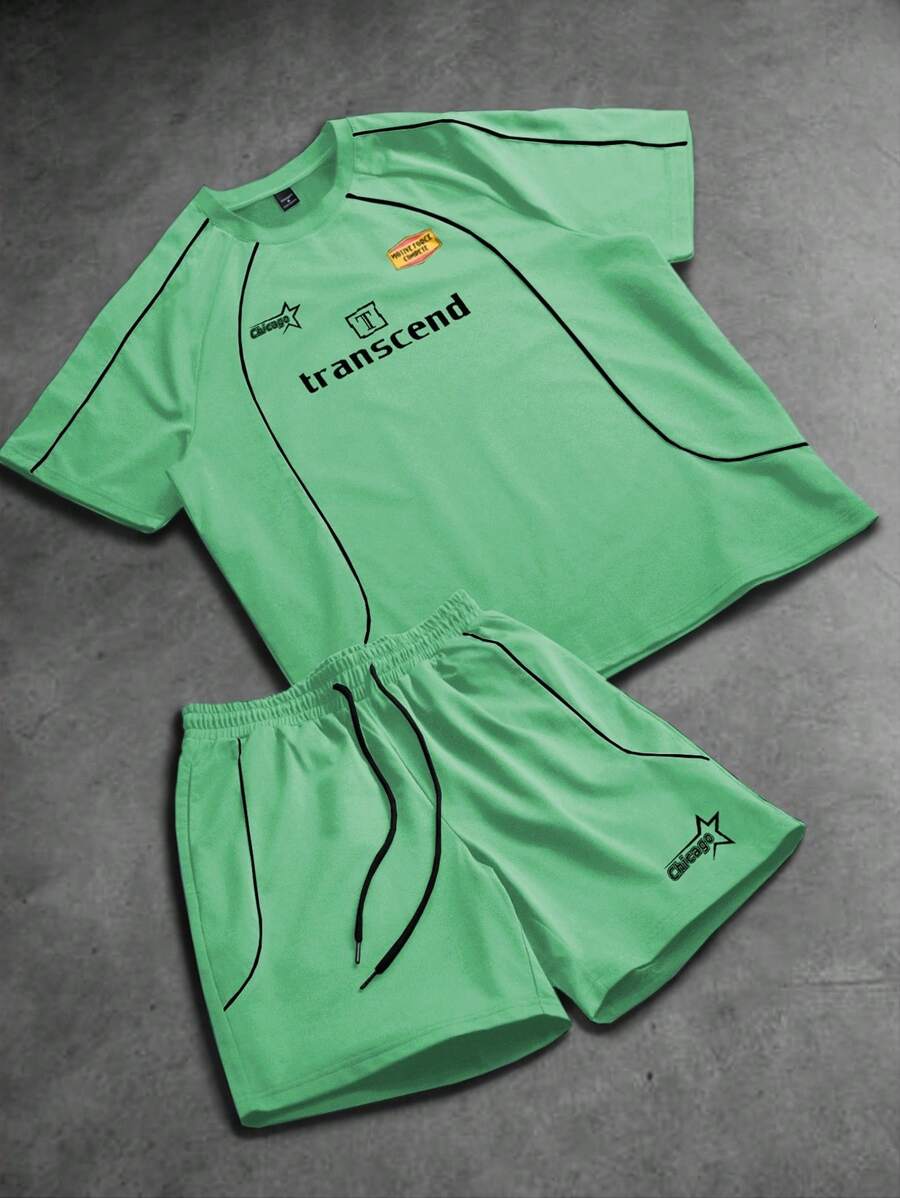 PAVTROS 男士字母印花圆领短袖休闲T恤抽绳腰短裤运动套装男绿色短套装男绿色出装超越短套装两件套短套装男夏季套装