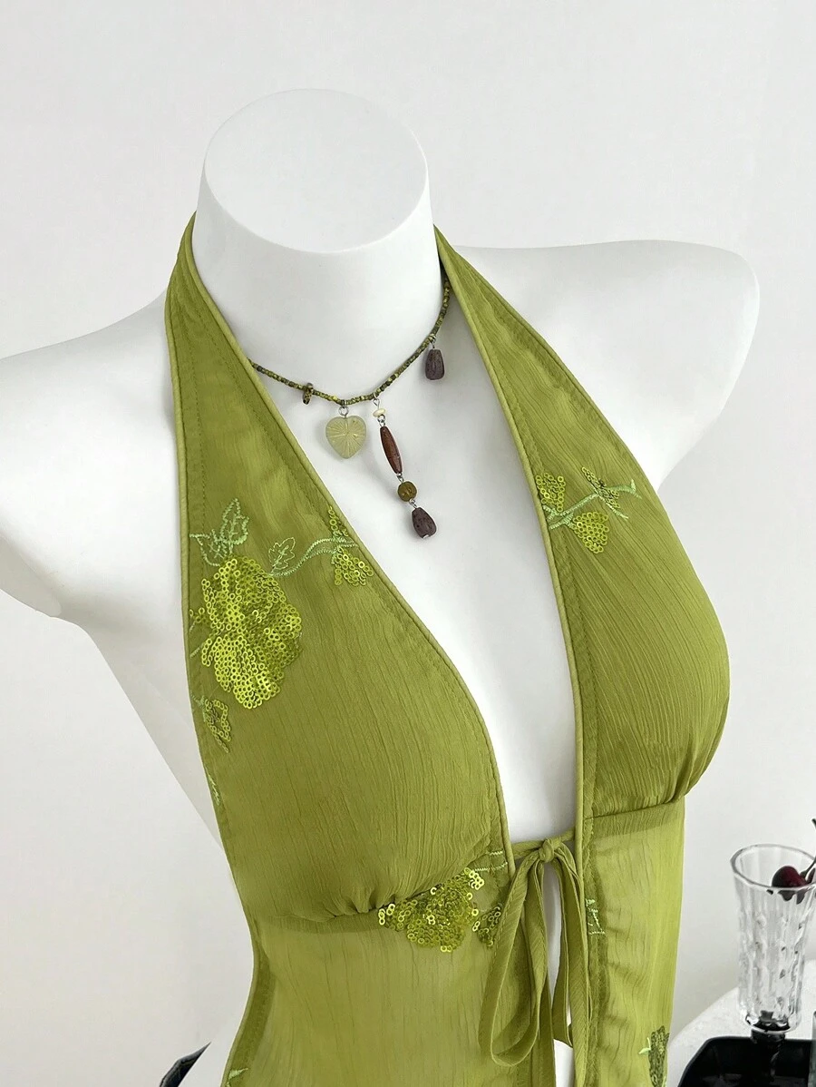 Elamini 女式绿色串珠刺绣亮片雪纺抽绳露背荷叶边休闲度假机场上衣，夏季