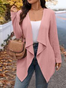 SHEIN LUNE 加大码冬季时尚不对称领设计长款针织开衫，适合外出和工作，秋季女士秋季服装 - 粉色 - 查看 5