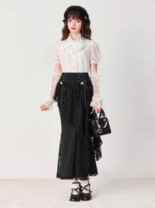 ROMWE EDITION Women's Elegant Solid Color Lace Patchwork Fishtail Skirt - Black - View 3