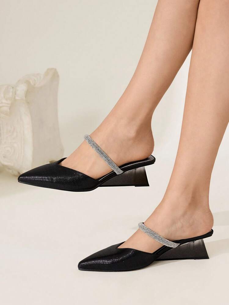 CUCCOO CHICEST Women's Autumn/Winter New Sparkling Crystal V-Cut Toe Transparent Chunky Heel Mid Heel Elegant Sexy Fashion Unique Comfortable Dark Gothic Luxury Black Faux Leather Ladies High Heel Mules Slides Dress Shoes, Suitable For Afternoon Tea, Date, Fashion Party, Workplace, Elegant Occasions, Gala, Halloween, Christmas, Thanksgiving, New Year