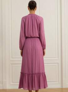 Aveloria 2 件女式褶皱效果高腰宽松舒适灯笼袖半透明系带 V 领荷叶边下摆衬衫和长裙套装，夏季/秋季 - 紫色 - 查看 2