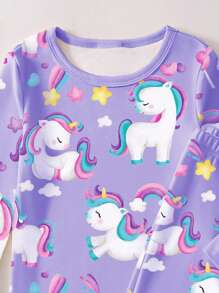 女婴卡通独角兽和彩虹印花舒适睡衣套装，长袖上衣和裤子，舒适时尚 - 紫色 - 查看 7