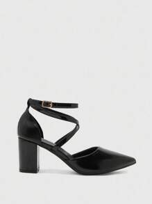 CUCCOO BIZCHIC Women's Fashion Black Ankle Strap Criss-Cross Pointed Toe Thick High Heel Pumps, Suitable For Commuting, Dating, Party, Shopping For Christmas - Black - View 2