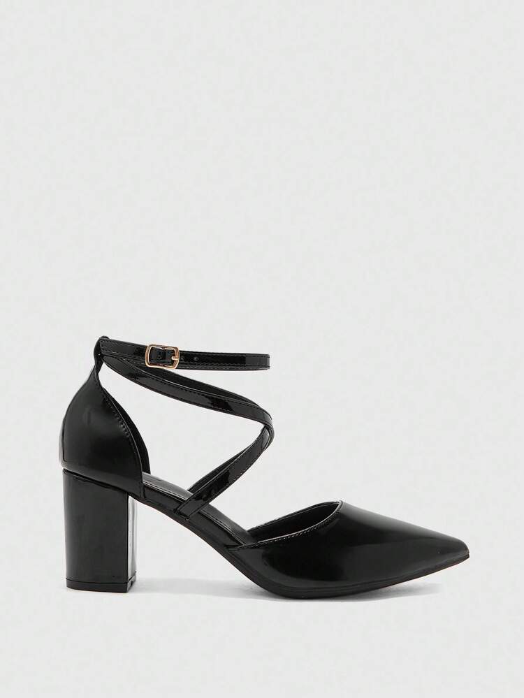 CUCCOO BIZCHIC Women's Fashion Black Ankle Strap Criss-Cross Pointed Toe Thick High Heel Pumps, Suitable For Commuting, Dating, Party, Shopping For Christmas Spring Shoes