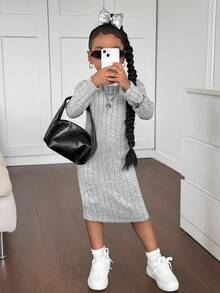 SHEIN Váy dài tay ôm dáng tối giản màu xám dễ thương cho bé gái, mùa thu/đông - Xám - Xem 4