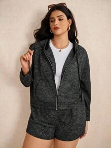 Elaquor Set de 2 piese, casual, versatil, vopsit în stil Tie-Dye, negru, pentru femei, mărime plus, jachetă cu hanorac și pantaloni scurți cu fermoar, toamnă - Negru - Vizualizare 5