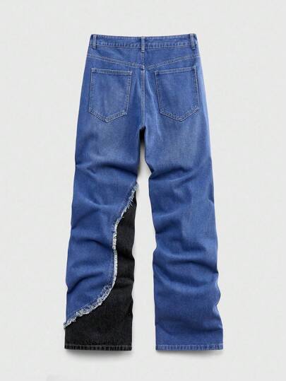 Street Life Men's Daily Two-Tone Slanted Pocket Frayed Hem Loose Fit Jeans