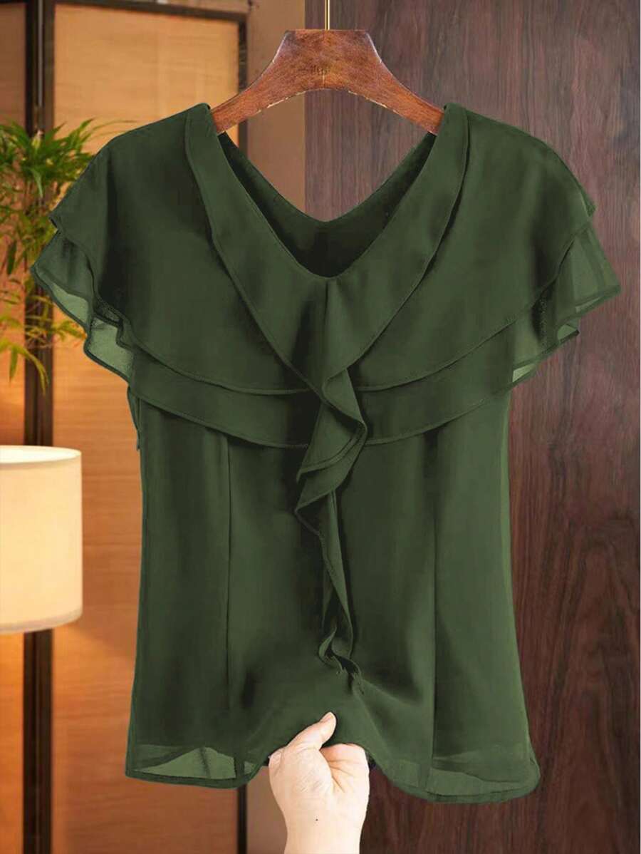 GlowEve Blusa casual da donna con orlo a volant e colore unito - Verde militare - Visualizzare 1