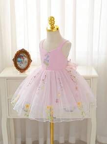 SHEIN Glamorique Kids 女婴无袖白色刺绣薄纱连衣裙，带蝴蝶结露背蓬松裙，适合生日派对、婚礼、节日、舞台表演、拍照、日常穿着 - 西瓜粉 - 查看 3