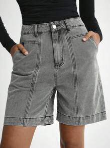 Daynim 女士休闲口袋宽松百慕大牛仔短裤 - 淺灰色 - 查看 4