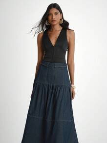 Daynim 女式休闲通勤牛仔荷叶边裙 - 深色水洗藍 - 查看 4