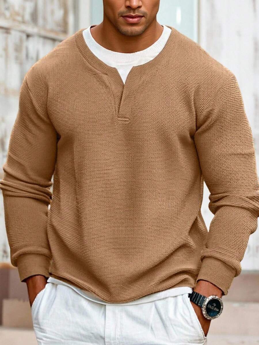 Manfinity Dauomo Men's Casual Colorblock Long Sleeve T-Shirt, Fall - Khaki - View 1