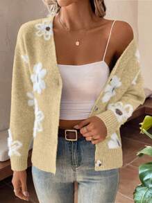 EMERY ROSE 女式花卉印花长袖单排扣休闲开衫 - 黃色 - 查看 5