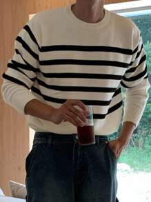 DAZY Áo len dệt kim sọc nhiều màu thường ngày cho nam, Thu/Đông - Đen và trắng - Xem 8