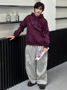 DAZY 男士秋季字母刺绣连帽衫 - 紫色 - 查看 10