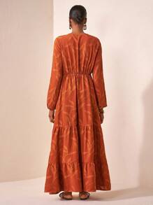 Zivah 2025 Fall Early Autumn New Arrival, Suitable For Birthday Party, Back To School, Campus Style, Daily Wear, Casual, Vacation, Cruise Travel, Beach, Sunbathing, Fashionable, Streetwear, Elegant, Commute, Business Casual V-Neck Long Lantern Sleeve, Waist Cinched A-Line, Multi-Layer Ruching, Extra-Wide A-Line, Brown Cutout Fabric, Early Autumn Extra-Long Dress, Women Maxi Dress - Brown - View 4