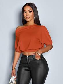 SOLERSUN Camiseta de mujer con cuello asimétrico y hombros fruncidos - Marrón - Ver 5