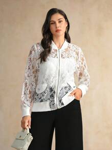 Flouryn Chaqueta bomber ligera de manga larga con cremallera, parche de encaje calado y bordado, de unicolor elegante, con solapa decorativa en el bolsillo, para mujer de talla grande, para otoño e invierno - Beis - Ver 4